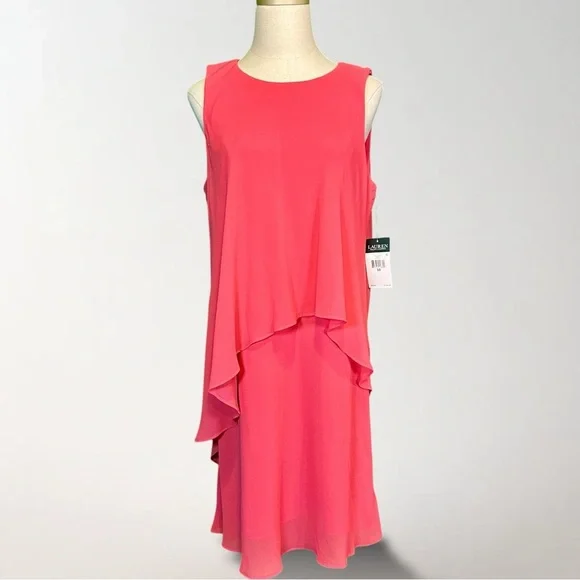 NWT Lauren Ralph Lauren 'Layered Chiffon Georgette Dress' in Starfruit  Pink 10